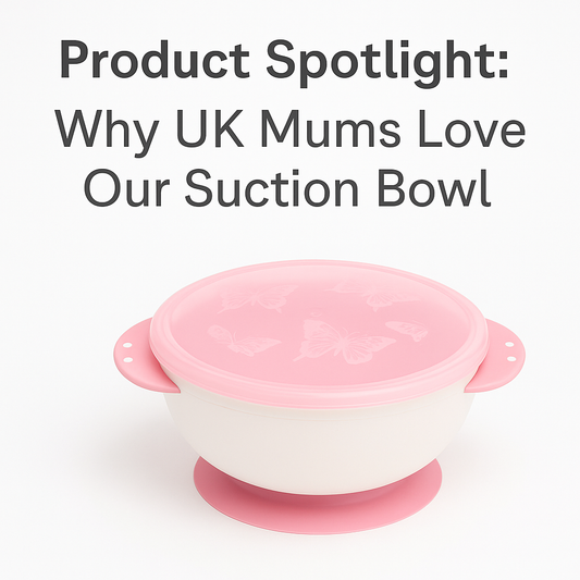Pink and white suction bowl with butterfly lid – BPA-free, toddler-friendly, and perfect for mess-free baby weaning in the UK.