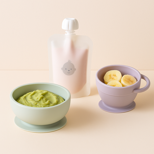 Reusable baby food pouch, suction bowl, and snack cup displayed together for baby weaning essentials by ZYAN UK.