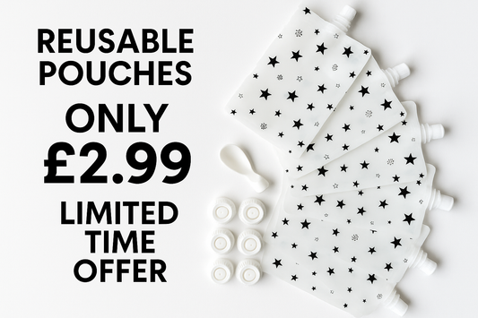 Reusable pouches with star pattern and text indicating a limited time offer.