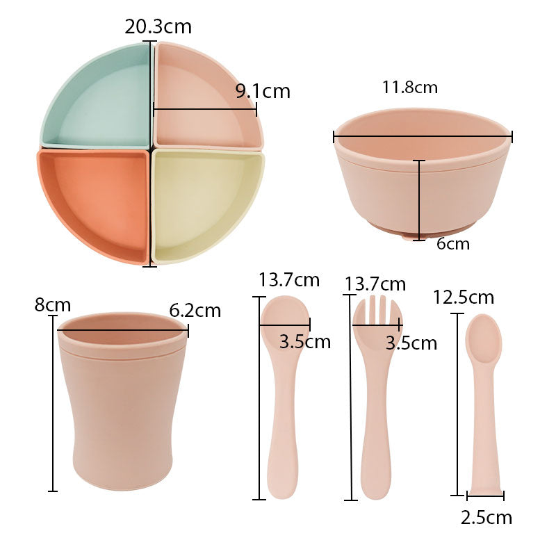 Detailed size chart of silicone suction plate, bowl, open cup, spoon and fork for baby feeding set.