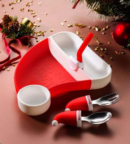 Christmas gift set for babies and toddler containing a suction plate, spoon and fork.