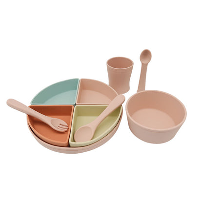 Silicone suction plate with removable divided sections, bowl and cup for easy feeding.