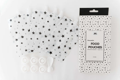 Reusable Food Pouches Pack with 6 Pouches, 6 Caps, and 1 Spoon Tip for Babies and Toddlers, Star Pattern Design, Non-toxic, BPA-free