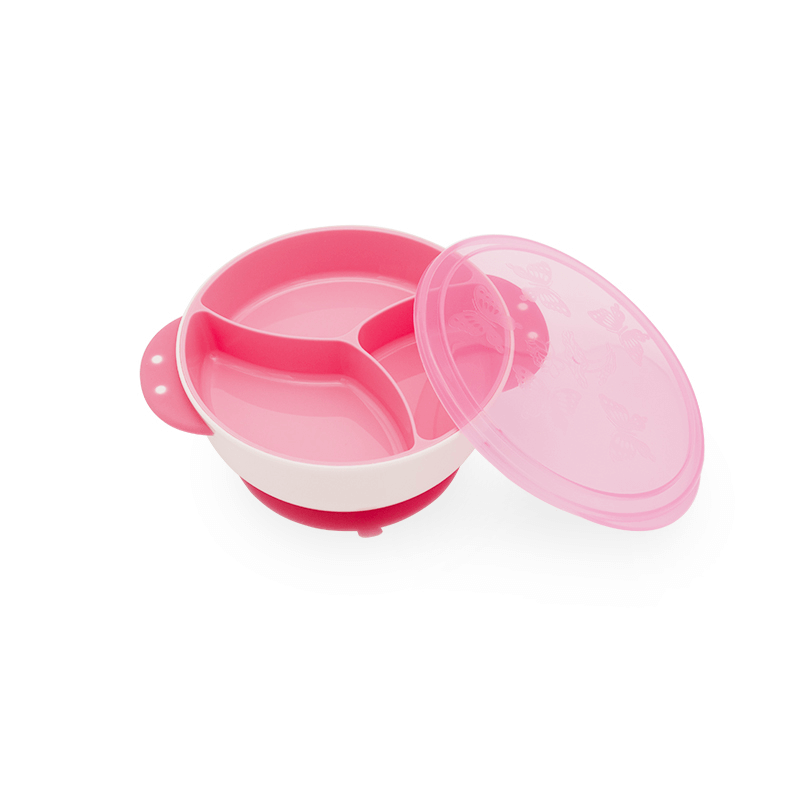 ZYAN suction bowl for babies, featuring a pink three-compartment design with a secure lid for mess-free mealtime.