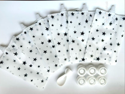 Reusable food pouches for babies and toddlers with star patterns, featuring six pouches, six caps, and a spoon-tip, perfect for purees and snacks.