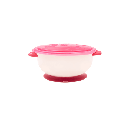 Suction bowl for babies with a pink lid and strong base for secure attachment during mealtime.