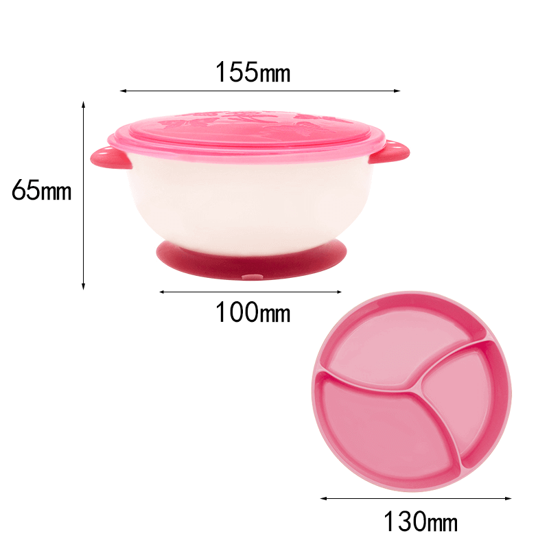 ZYAN's suction bowl for babies with a strong base, size dimensions, and pink design for mess-free mealtime.