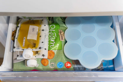 Reusable food pouches for babies and weaning essentials stored in a freezer drawer, including 6 pouches, caps, and spoon-tip.