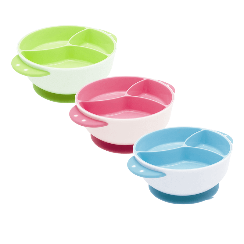 Vibrant set of suction bowls for babies in green, pink, and blue with divided sections for mess-free feeding.